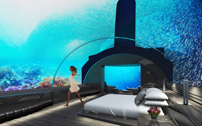 В такой спальне можно любоваться подводным царством океана круглосуточно (Muraka, Мальдивы). 