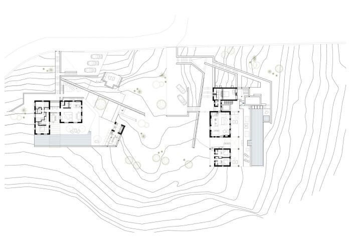 Расположение архитектурных объектов на сложном участке прибрежного холма (план Syros Summer House). | Фото: block722.com.