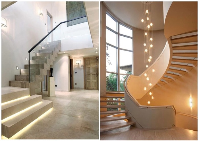 Комбинированная подсветка лестницы удобна в разных ситуациях, исполнение возможно под любой стиль: слева - минимализм, справа - модерн.