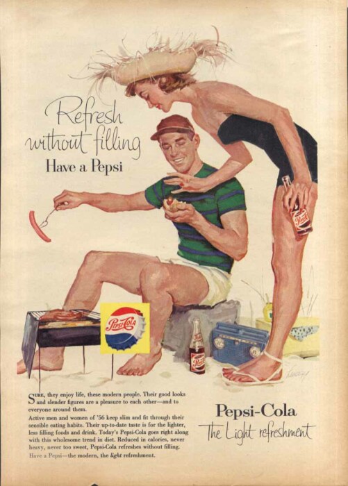 Данный плакат 1956 года утверждает, что эти люди так хорошо выглядят, потому что придерживаются правильной диеты и пьют PEPSI. / Фото: ebay.com