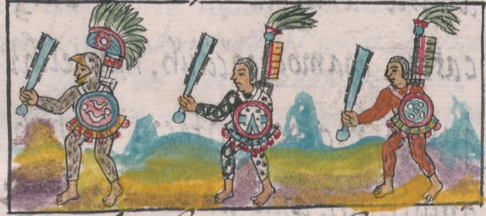 Изображение ацтексксих воинов, вооружённых макуауитлями. Флорентийский кодекс, XVI век. /Фото: wikipedia.org