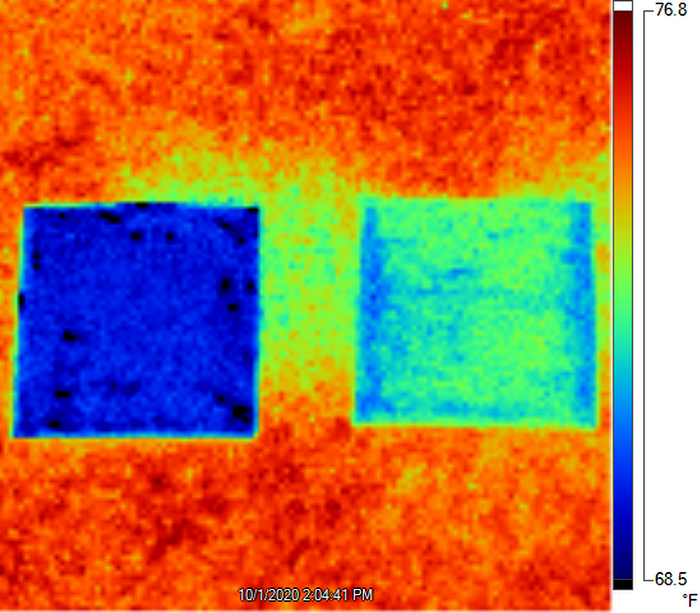 Показания инфракрасной камеры: слева - охлаждающая краска, справа - обычная. /Фото: popmeсh.ru