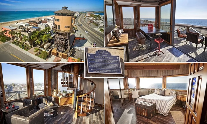 An old water tower has been converted into a mansion with panoramic ocean views.