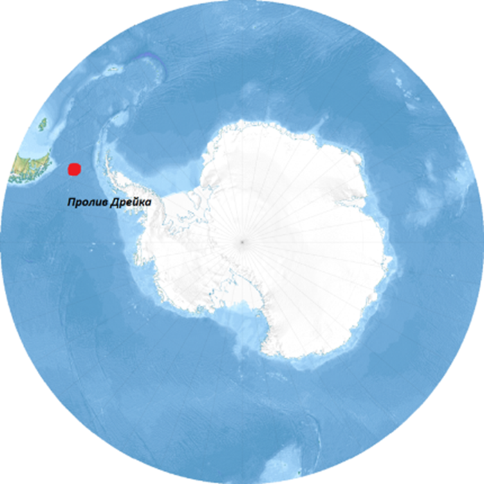 Расположение пролива Дрейка относительно Южного полюса. /Фото: ru.wikipedia.org