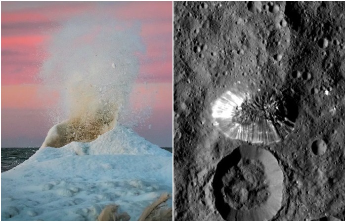 Ледяной вулкан в районе Великих озёр (слева) и фото криовулкана на планете Церера (справа). /Фото: farmersalmanac.com, en.wikipedia.org