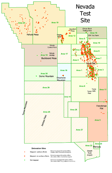 Карта испытательного полигона в Неваде с указанием мест произведенных ядерных взрывов. /Фото: wikiрedia.org