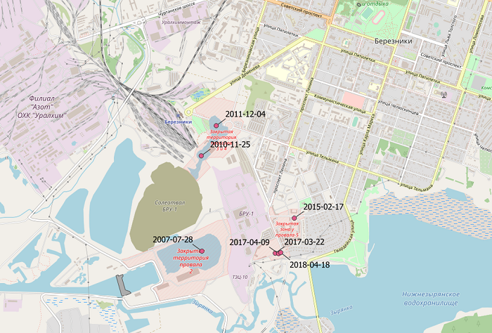 Карта провалов в Березниках на 2021 год. /Фото: wikipedia.org