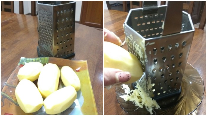 Картофель очищается от кожуры и на мелкой терке натирается