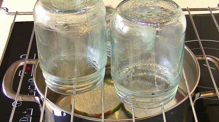 Вода наливается в сковороду или кастрюлю, поверх устанавливается сетка, на которую и помещаются банки / Фото: YouTube