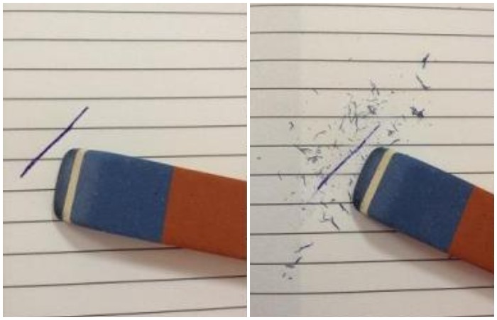 Считать, что синяя сторона стирает ручку, а оранжевая - карандаш - заблуждение